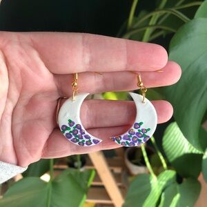 Handmade Polymer Clay White and Purple Crescent Floral Dangle Earrings